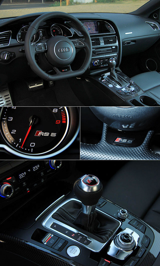 RS5的车厢内饰与S5几乎如出一辙，只是多了几处RS5的徽章凸显身份。
